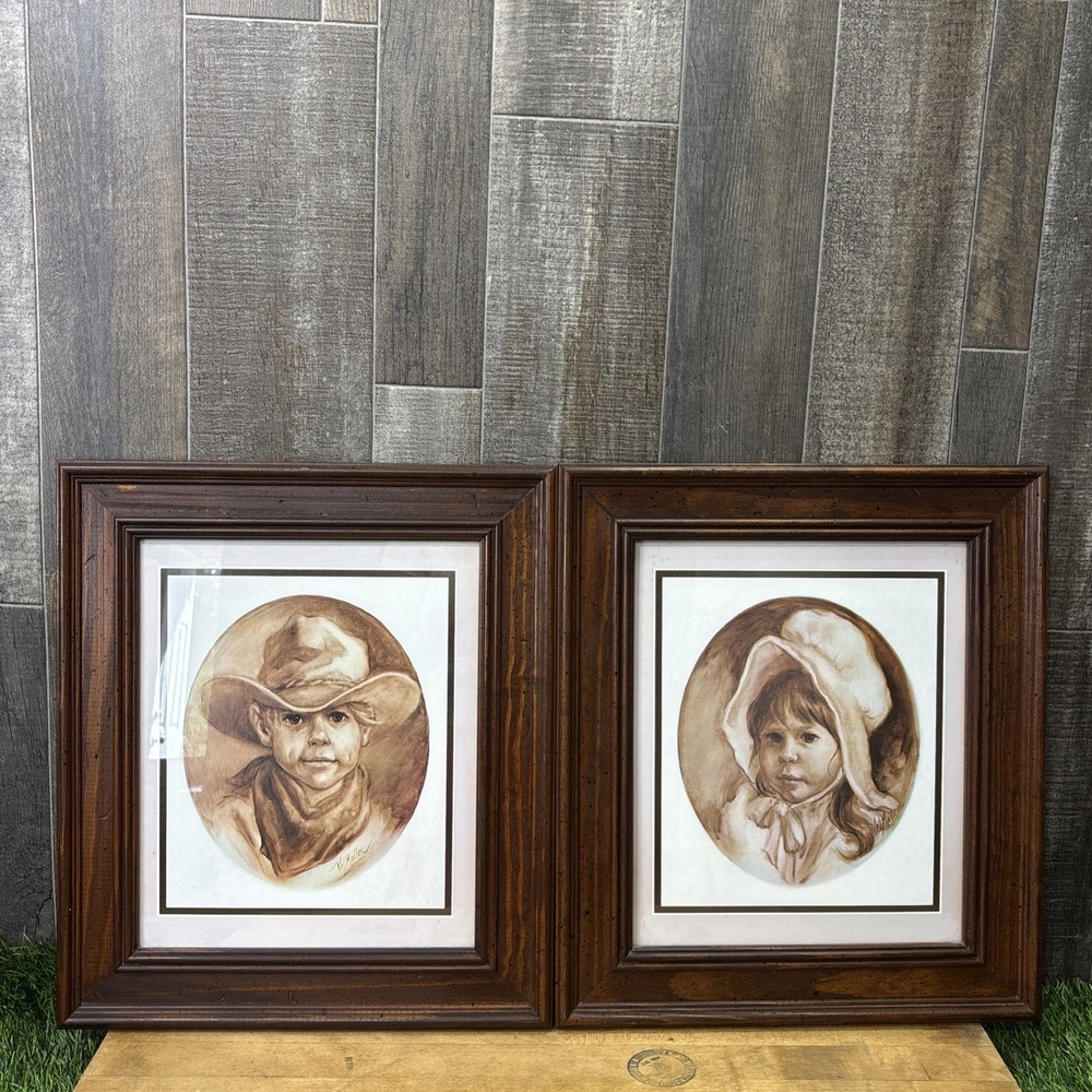 Vintage 1970s HOMCO Val Miller Cowboy Prairie Girl Framed Prints Western Pair